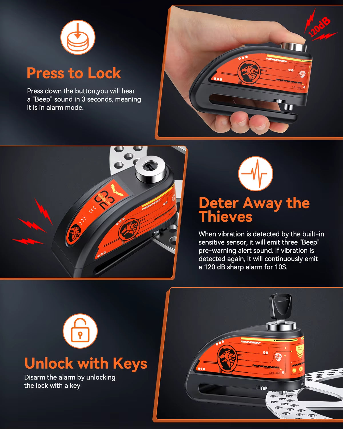 Motorcycle Alarm Disc Brake Lock Security Moto Wheel Disk Padlock Waterproof 120Db Loud anti Theft Alarma Motorcycle Disc Lock